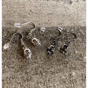 Skull Earrings 2 Pairs Rhinestones Black Metallic and Silver Tone Metallic